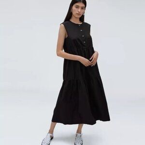 Everlane Tiered Cotton Midi Oversized Black Dress L